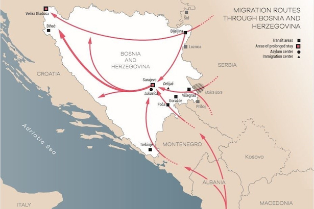 Bosnië migratieroutes kaart Bron Caritas